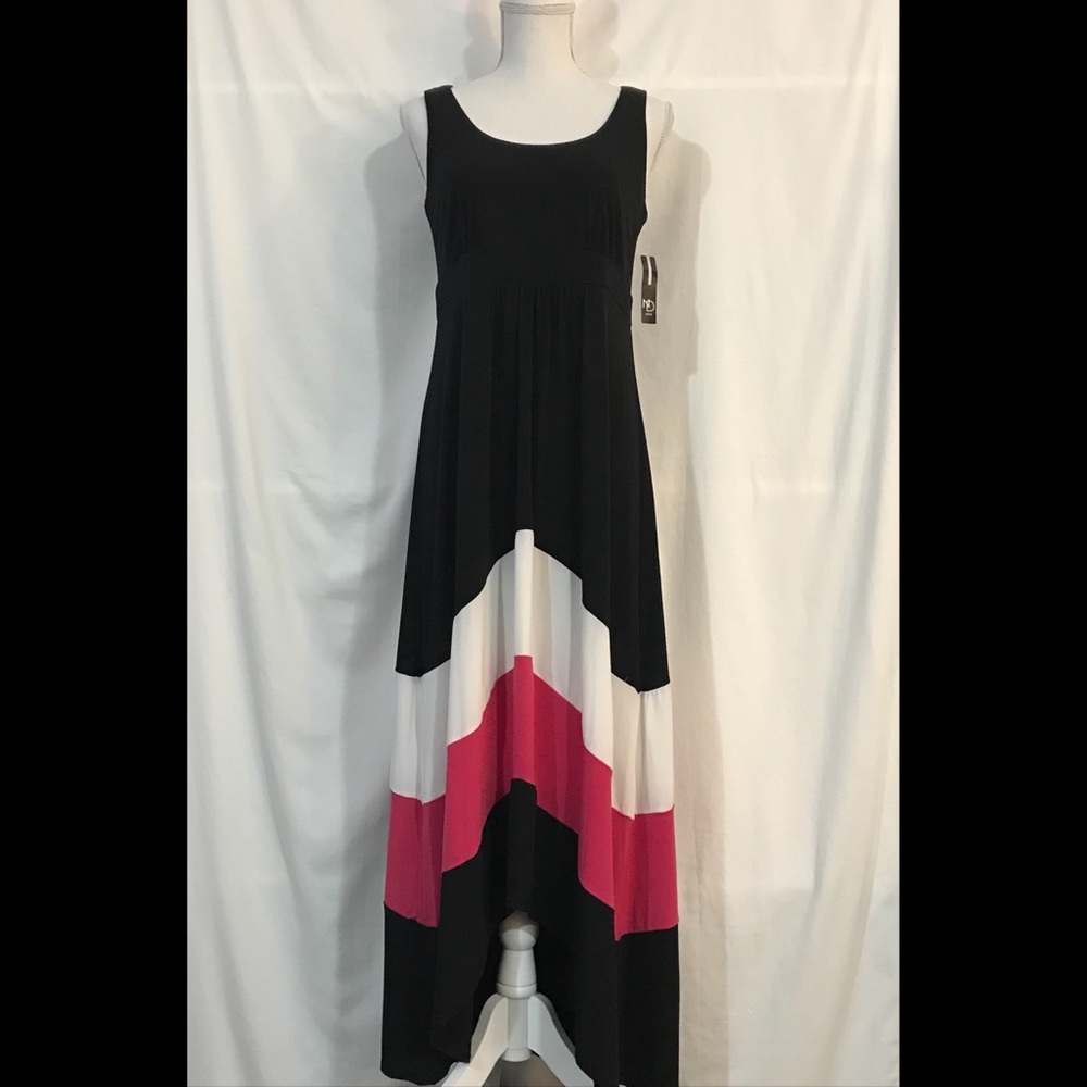 Sz 6 Black High Low Dress Pink White Chevron NWT
